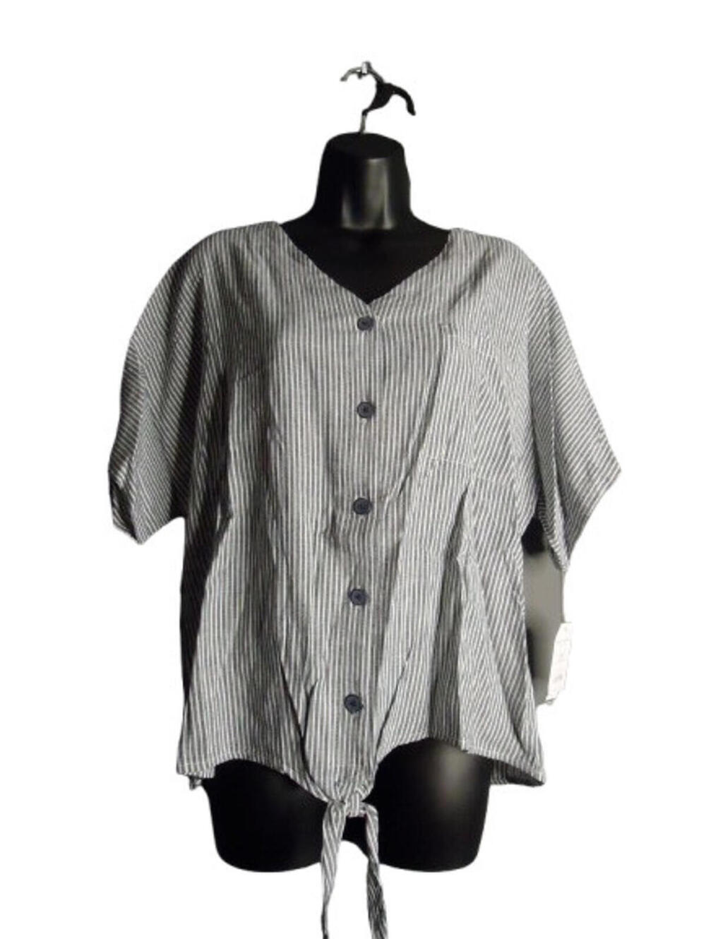 Time and Tru Linen Blend Tie Front Top Women's Size Large Dark Navy Stripe